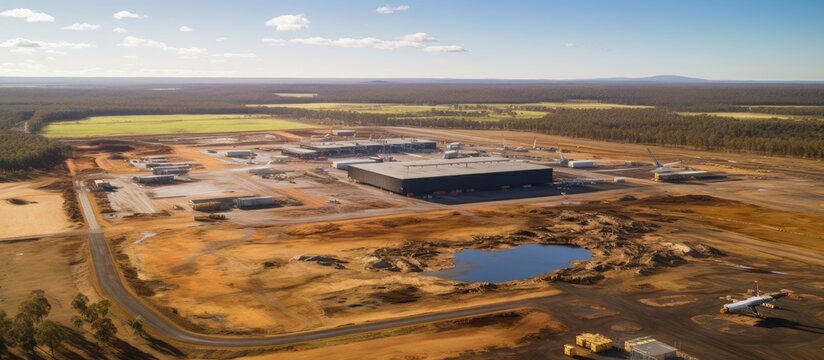Bird s eye view of construction site for new airport in Badgerys Creek Sydney Australia in February 2023 Copy space image Place for adding text or design