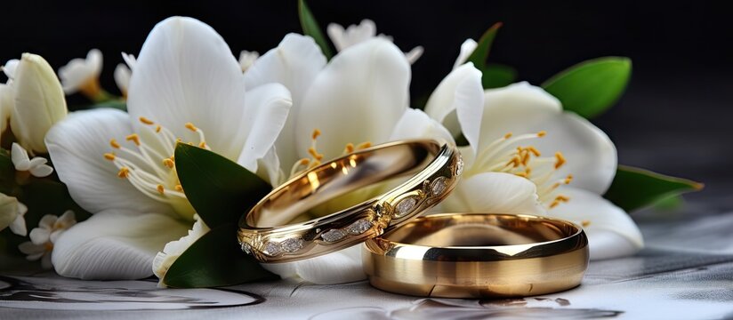 Bride and groom s wedding rings adorned with white peonies Beautiful golden rings one with ornament and the other with stones Copy space image Place for adding text or design