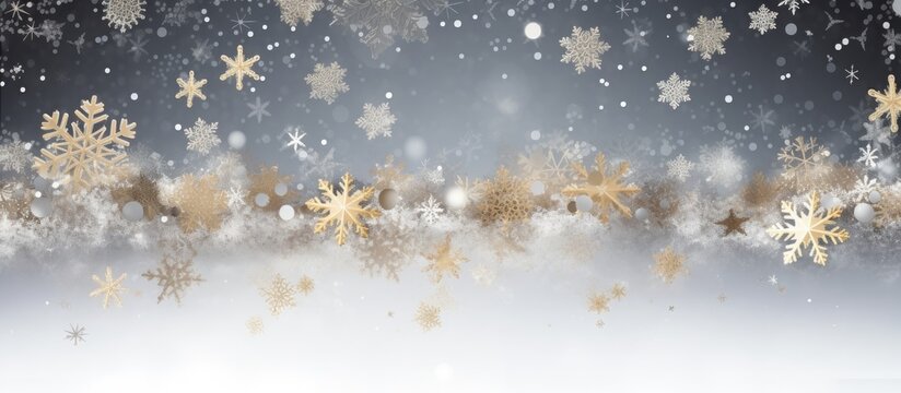 Christmas backdrop featuring a gilded frame with white stars silver snowflakes and beads Copy space image Place for adding text or design