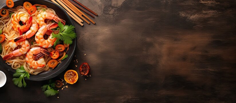 Asian rice noodles with shrimp vegetables on table top view Copy space image Place for adding text or design