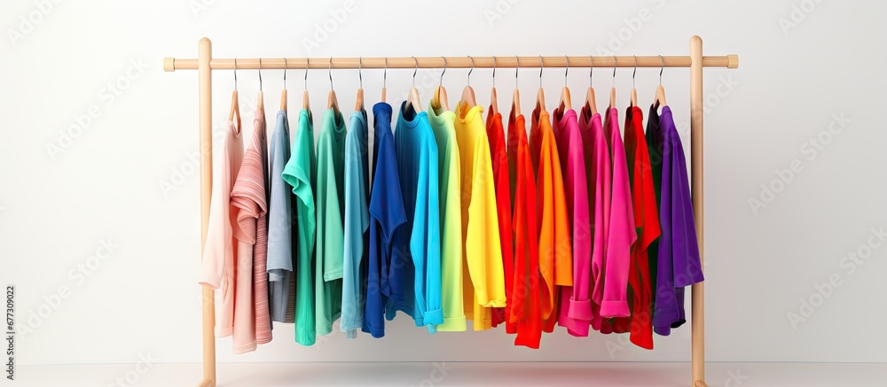 Poster brightly colored garments displayed against a light backdrop copy space image place for adding text 