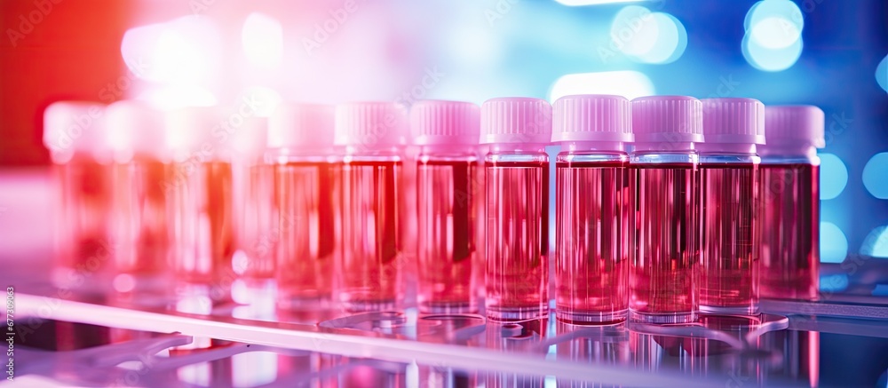 Poster blurred image of red and pink liquid medicine in a test tube on a chemical table in a modern laborat