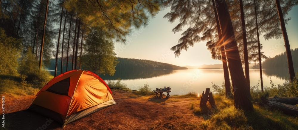 Poster camping under pine trees near a sunny lake in the morning copy space image place for adding text or 