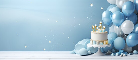 Celebrity themed birthday party with gourmet cafe for a one year old Decorated with a stunning blue cake meringues and a balloon Copy space image Place for adding text or design - obrazy, fototapety, plakaty