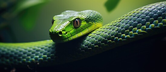 Fototapeta premium Aralam Wildlife Sanctuary in Kannur captured photo of a green serpent Copy space image Place for adding text or design