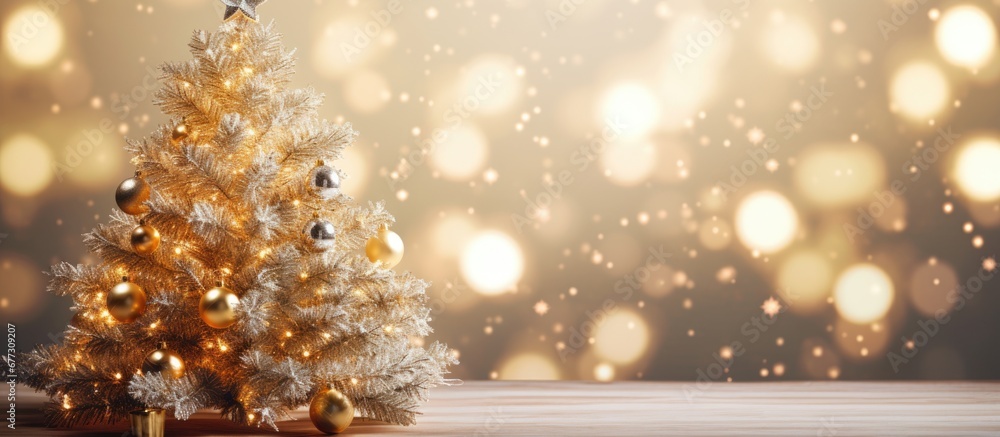 Poster blurred fairy background with decorated christmas tree copy space image place for adding text or des
