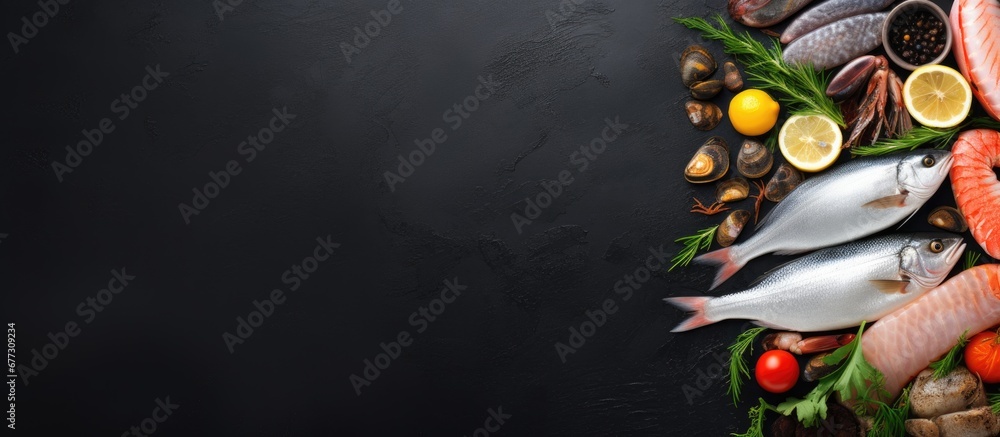 Poster assorted fresh raw seafood on black slate top view with copy space copy space image place for adding