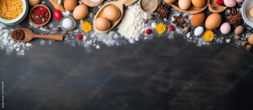 Aufkleber children s baking concept top view of various utensils ingredients on black chalkboard copy space im