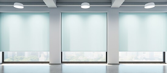 Automated blackout shades and electric curtains in a contemporary pastel colored interior with a glass wall Copy space image Place for adding text or design - obrazy, fototapety, plakaty