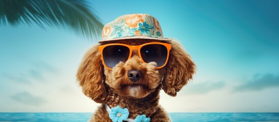 Brown Poodle dog wears Hawaiian dress hat and sunglasses for summer Copy space image Place for adding text or design