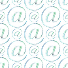 Seamless pattern of hand drawn watercolor Email address sign Arobas illustration. On a white background.