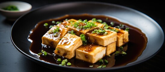 Chinese vegetarian dish with steamed tofu in soy sauce Copy space image Place for adding text or design