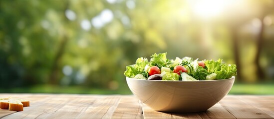 Caesar salad outdoors served on a white wooden table in the garden Copy space image Place for adding text or design - obrazy, fototapety, plakaty