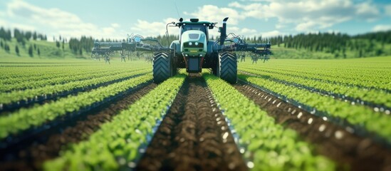 Automated machinery using AI for tractor based cultivation of agricultural fields Copy space image Place for adding text or design - obrazy, fototapety, plakaty