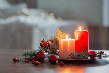 burning candles with christmas branches on table in white interior