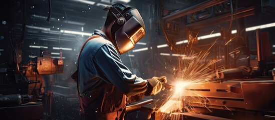 Asian worker operating a welding machine in an old Chinese factory assembling metal parts Copy space image Place for adding text or design