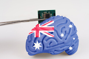 A microcircuit is implanted into the brain with the image of the flag - Australia.