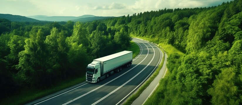 Bird s eye view of gasoline truck on highway road near green forest Copy space image Place for adding text or design
