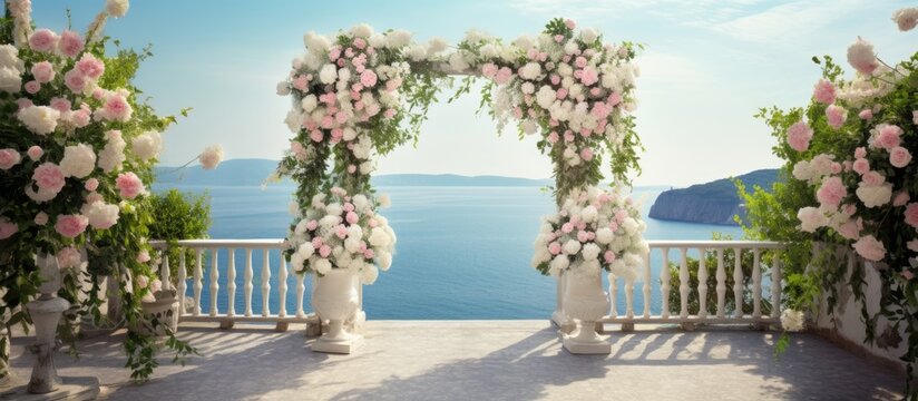 Beautiful flower arrangements can be found at wedding venues by the sea Copy space image Place for adding text or design