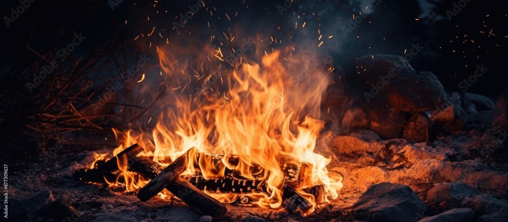 Poster campfire flames at night copy space image place for adding text or design