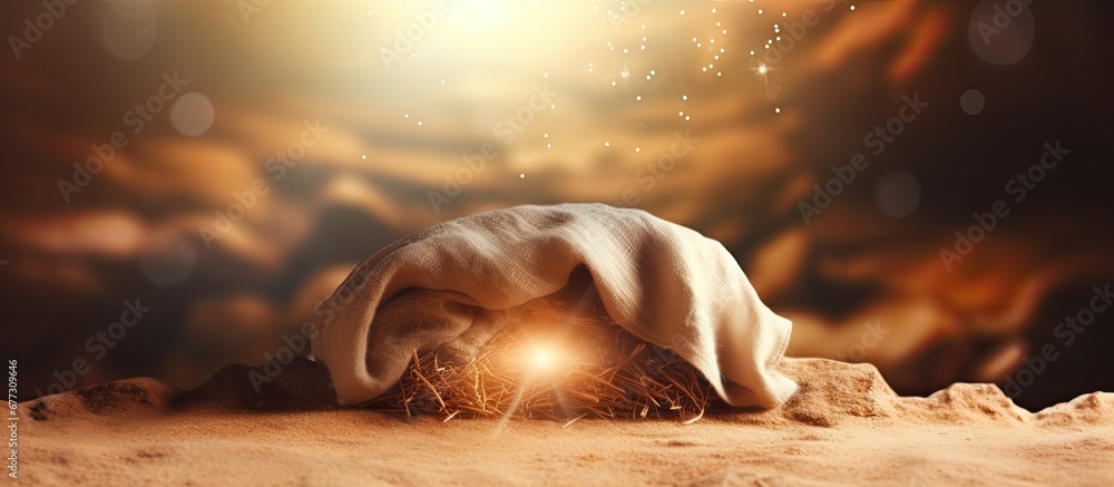 Poster birth and rebirth stable and tomb with blurred lights jesus narrative copy space image place for add