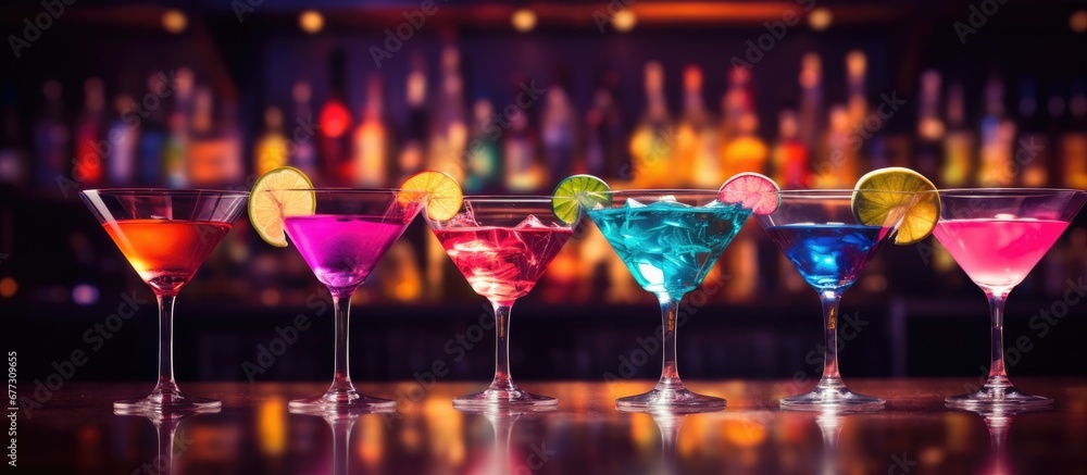 Poster cocktail glasses on a bar backdrop copy space image place for adding text or design
