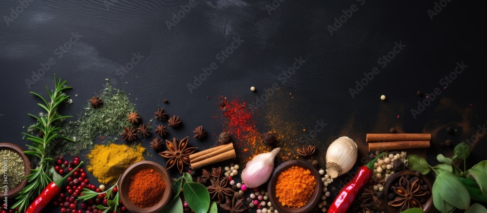 Poster assorted vibrant seasonings for cooking against a dark backdrop copy space image place for adding te