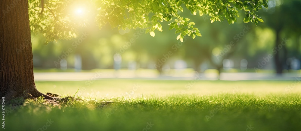 Poster blurred green bokeh tree with bright sunlight in parks copy space image place for adding text or des