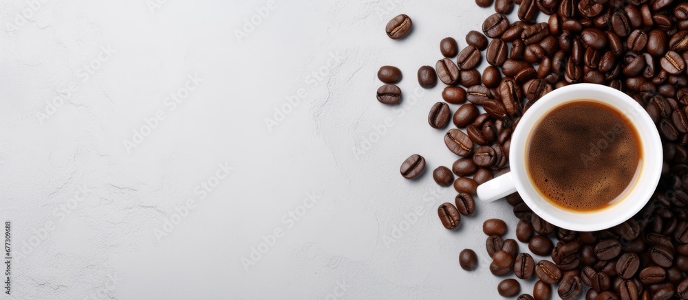 Poster black coffee and chocolate and coffee beans in glass jar on concrete background top view space for t