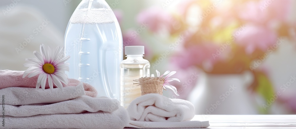 Poster blurred closeup of laundry detergents towels and flowers copy space image place for adding text or d
