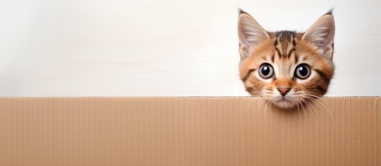 Cat peeks from cardboard box Copy space image Place for adding text or design