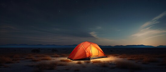 An illuminated tent after sunset Copy space image Place for adding text or design