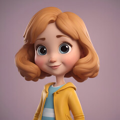 3D Illustration of a Cute Little Girl with Brown Hair
