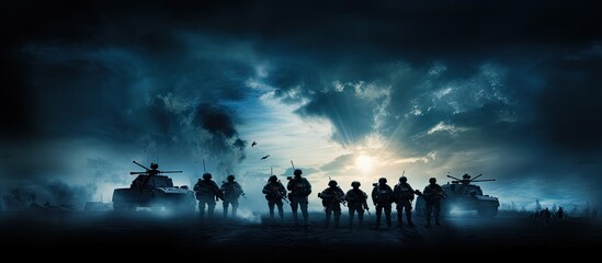 Battle scene depicting soldiers fighting below a foggy sky with an emphasis on armored vehicles Copy space image Place for adding text or design - obrazy, fototapety, plakaty