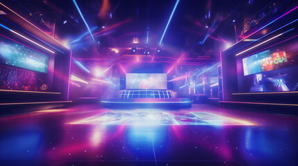 Night Club, Disco Show. Music Festival in holographic neon-lit virtual colors. Banner.