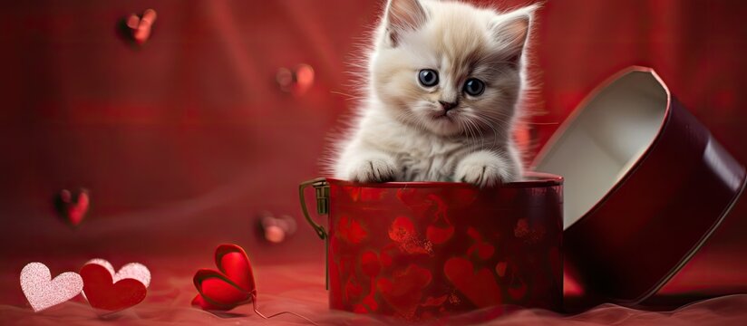Adorable Scottish straight golden shaded chinchilla kitten in heart shaped box resembling a gift representing love and Valentine s Day Copy space image Place for adding text or design