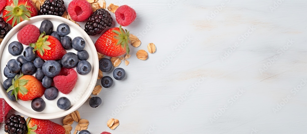 Poster breakfast with yogurt granola and fresh berries close up top view horizontal copy space image place 