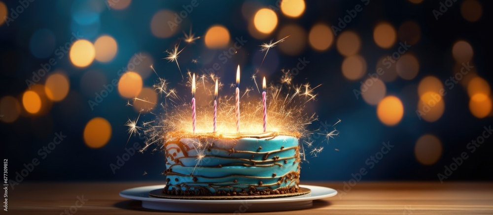 Fototapete cake with lit sparkler copy space image place for adding text or design