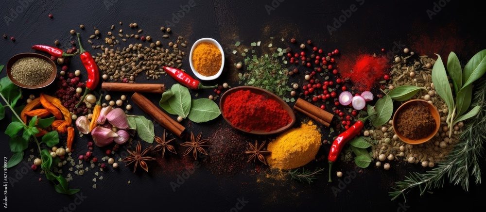 Poster assorted vibrant seasonings for cooking against a dark backdrop copy space image place for adding te