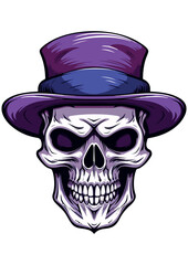 Skull Head with Purple Hat drawing, ready to print, editable, colored skull and drawing