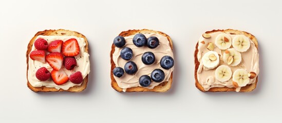 Assorted sweet toast chocolate banana peach cream cheese strawberry peanut butter blueberry cream cheese White background from above Copy space image Place for adding text or design - obrazy, fototapety, plakaty