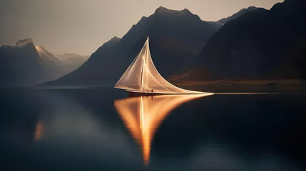 Papier Peint photo Lavable Noir Sail Boat Touching The Sky - Freedom Concept, Feeling Free, Sailing, Water, Floating - Generative Ai