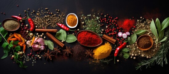 Assorted vibrant seasonings for cooking against a dark backdrop Copy space image Place for adding text or design - Powered by Adobe