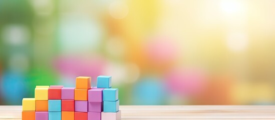 Child speech therapist refers to color cubes and book on wooden background Copy space image Place for adding text or design