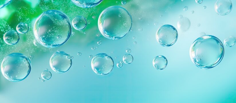 Close up view of transparent soap foam on blue and green resembling a cosmetic backdrop Copy space image Place for adding text or design