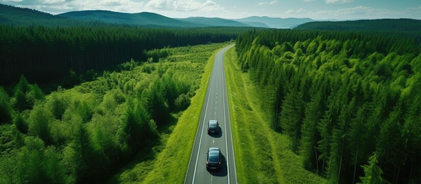 Bird s eye view of a lush forest and road road journey through woodland with car exploration ecosystem health and travel experience Copy space image Place for adding text or design
