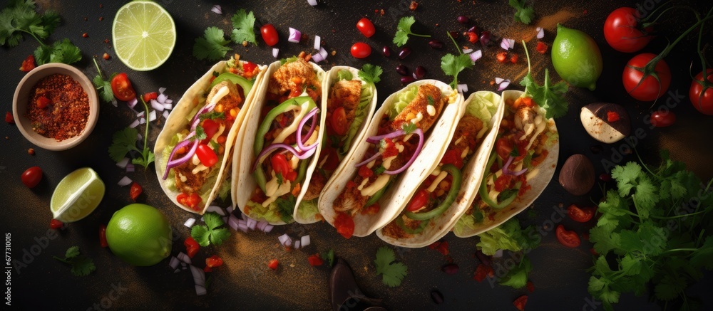 Wall mural chicken and veggie mexican taco from above copy space image place for adding text or design