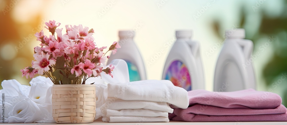 Poster blurred closeup of laundry detergents towels and flowers copy space image place for adding text or d