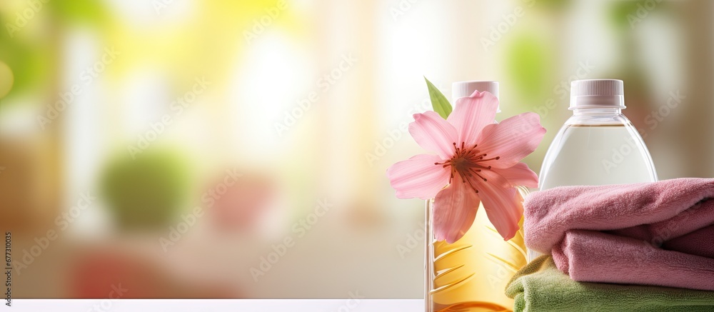 Poster blurred closeup of laundry detergents towels and flowers copy space image place for adding text or d