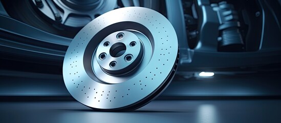Close up of a wheelless car s brake disc Copy space image Place for adding text or design - obrazy, fototapety, plakaty